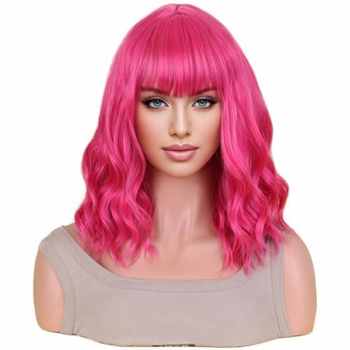 incohair 14 Inches Hot Pink Wig with Bangs Women Girls Short Curly Wavy Bob Synthetic Cosplay Party Daily Wigs Wig Cap Included (Hot Pink)