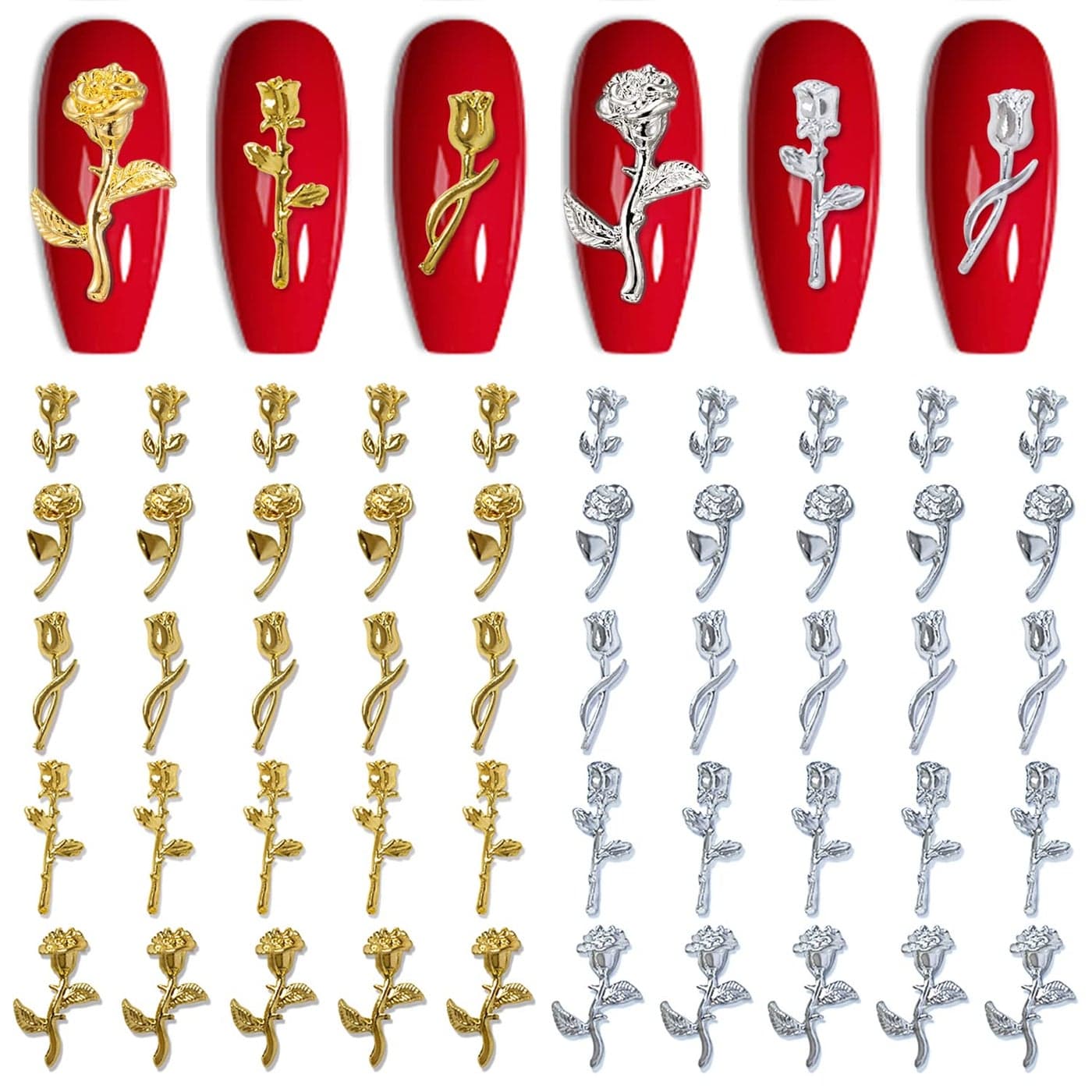SILPECWEE 70pcs Rose Nail Charms 3D Charms for Nails Gold Silver Nail Flower Nail Jewels Nail Studs Nail Art Charms for Acrylic Nails Decoration DIY Nail Design Manicure Craft Jewelry Making