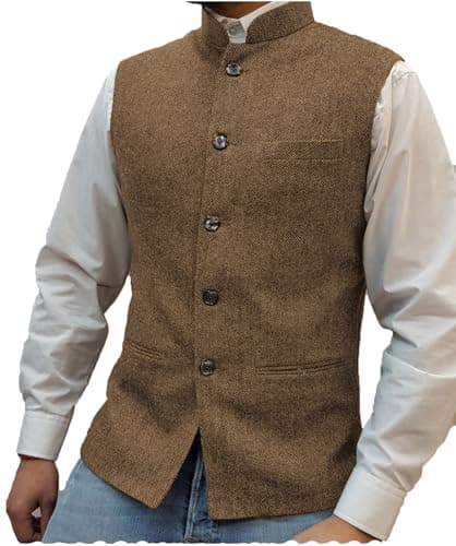 Tuikayoo Mens Herringbone Wool Vests Suit Business Tweed High Collar Waistcoats Slim Fit(X-Large, Brown)