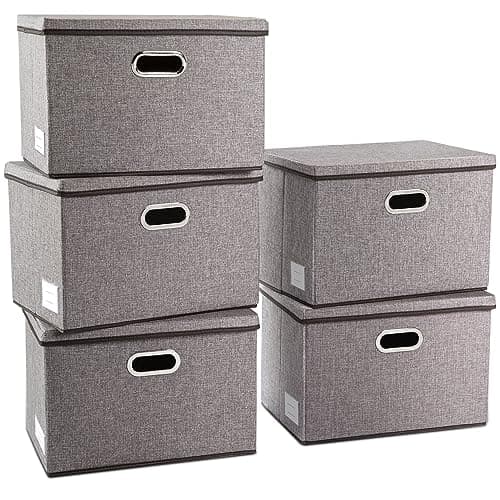 PRANDOM Large Collapsible Storage Containers with Lids 5Pack Linen Fabric Foldable Storage Bins Boxes Organizer Baskets Cube with Cover for Home Bedroom Closet Office Nursery 177x118x118