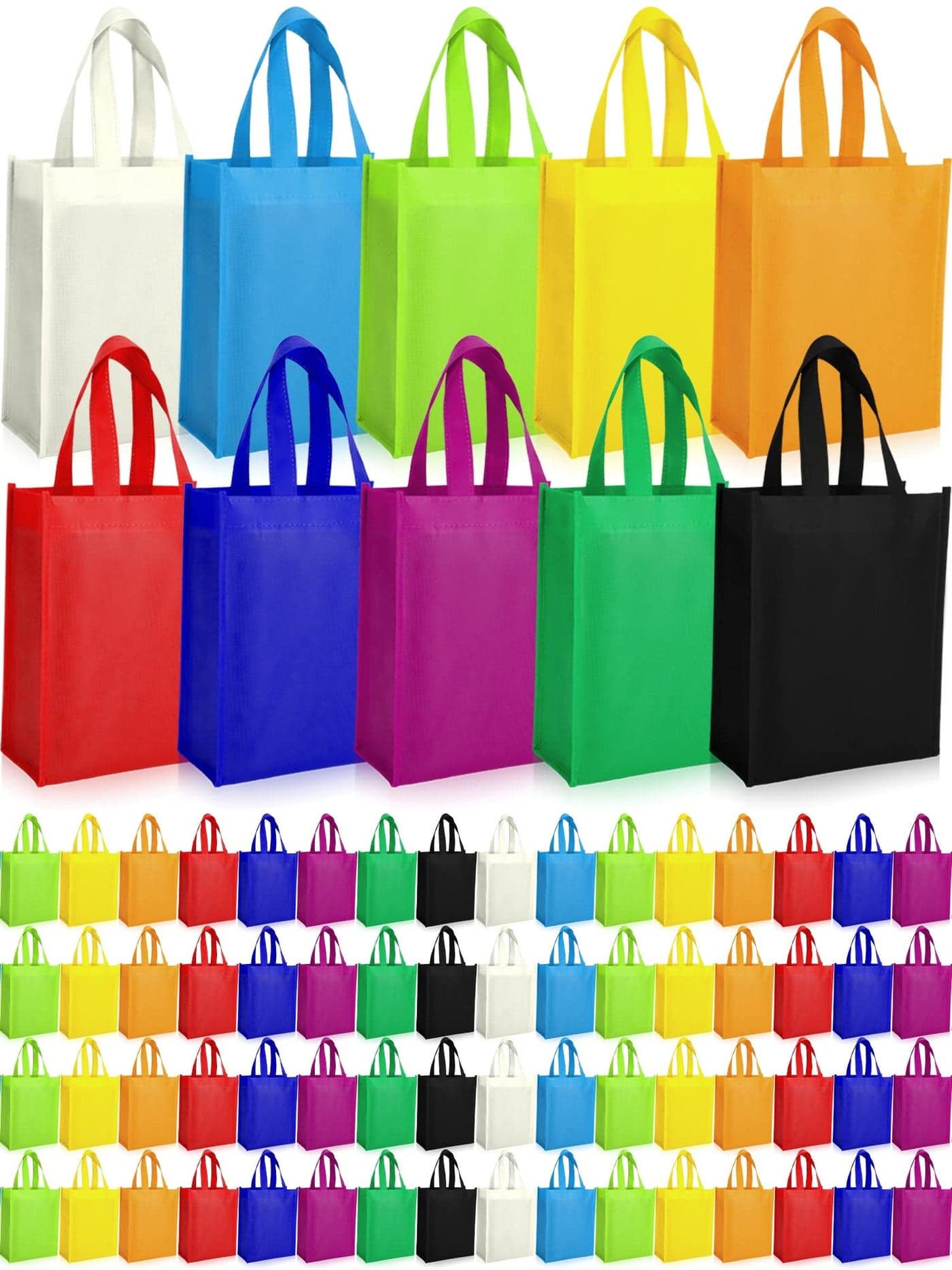 Jexine 100 Pcs Non Woven Tote Bags Large Reusable Gift Grocery Foldable Fabric Shopping Bags Multi Color Party Treat Reusable Goodie Totes with Handles for Party Holiday Favor 14 x 10 x 4 In