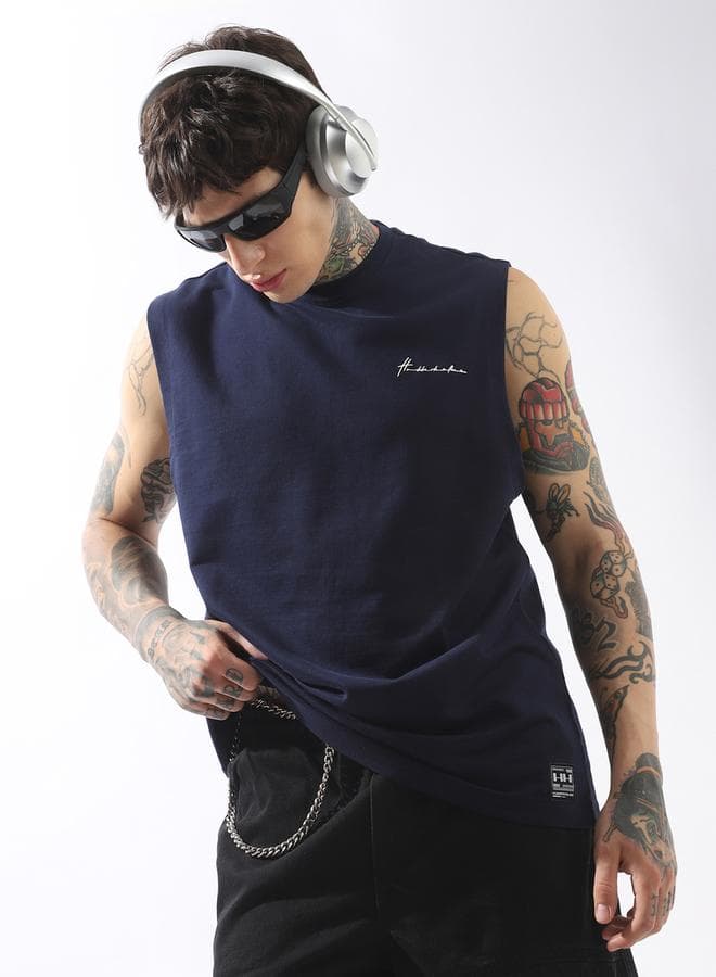 Men's Blue 100% Cotton Solid Pattern Tank Top Oversized T-Shirt