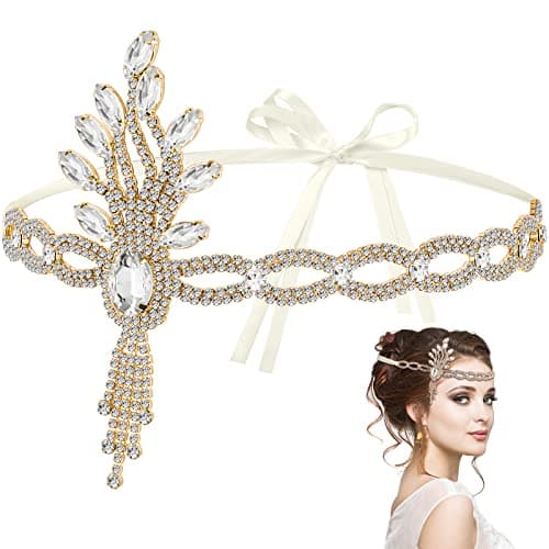 1920s Flapper Accessories Leaf Rhinestones Flapper Headpiece Great Accessories for Women Tassel Bride Wedding Head Bands Crystal Headband for Women Girls