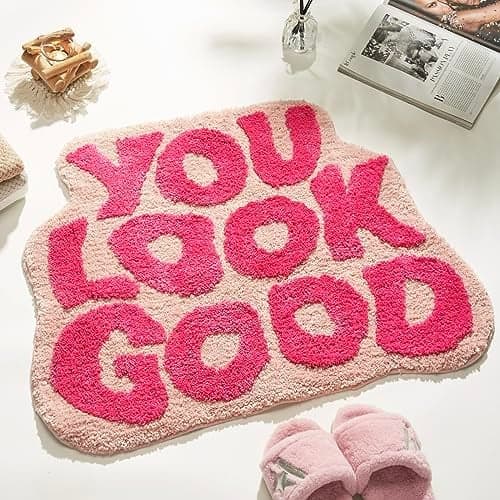 DyeFury You Look Good Bath Mat Pink Cute Bathroom Rugs for Girls Fun Funny Funky Rug Bedroom Pink Preppy Bathroom Decor Hello Beautiful Gorgeous Bath Rugs for Kids Women NonSlip 25 x 21