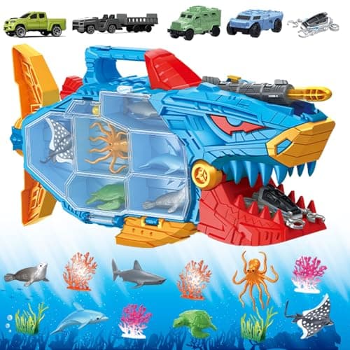 Frontoytall Shark Toy Deep Sea Creatures Ocean Animal Toys with Truck Cars 18 Piece Educational Playset for Kids Ages 3 Years Old Indoor Outdoor Play Preschool Learning for Boys Girls