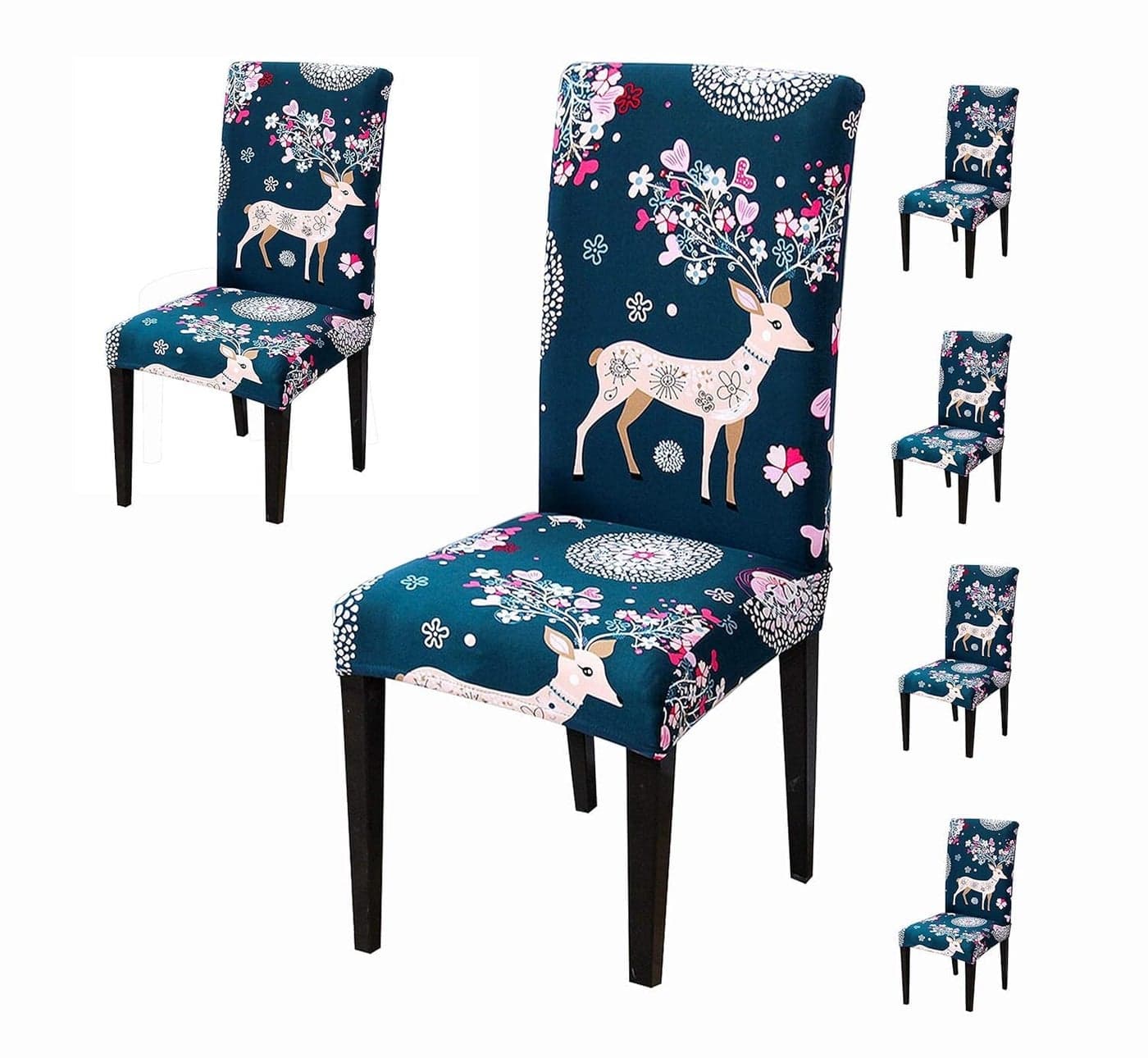 Styleys Elastic Chair Cover Stretch Removable Washable Short Dining Chair Cover Protector Seat Slipcover (Set of 6, Dark Blue Deer, SD3075)