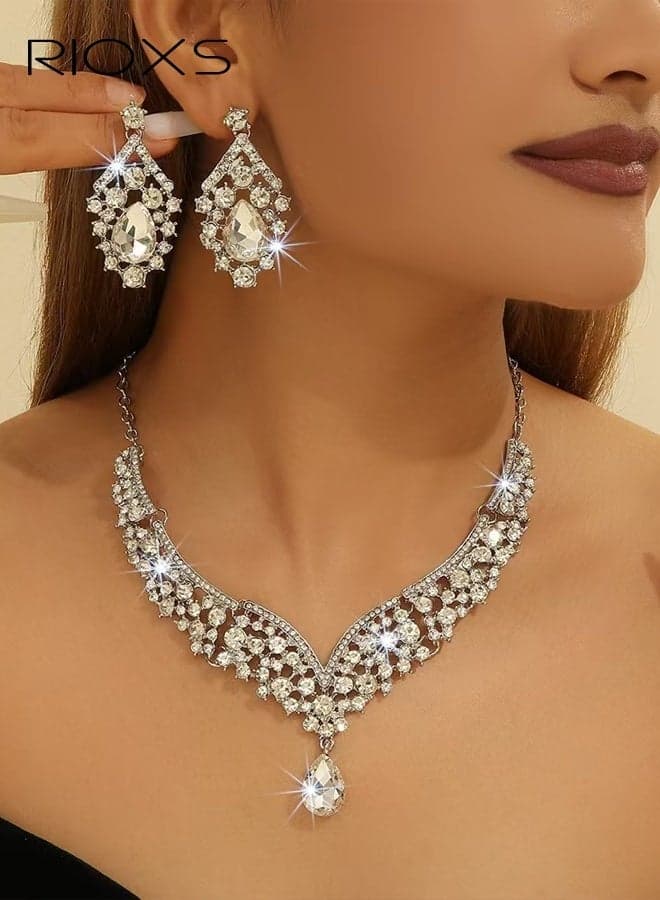 2Pcs Teardrop Bridal Jewelry Set, V-Shaped Statement Bib Necklace with Chandelier Drop Earrings, Sparkling Formal Evening Pandant for Women, Glamorous Wedding Bridesmaid Rhinestone Necklace and Earring Set, Bridal Accessories for Prom Party Dating Anniversary Gala Pageant, Silver