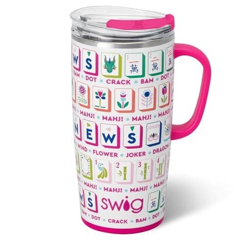 Swig Life 22oz Travel Mug Insulated Tumbler with Handle and Lid Travel Coffee Mug Cup Holder Friendly Stainless Steel 22 oz Tumbler Reusable Insulated with Lid Mahjong