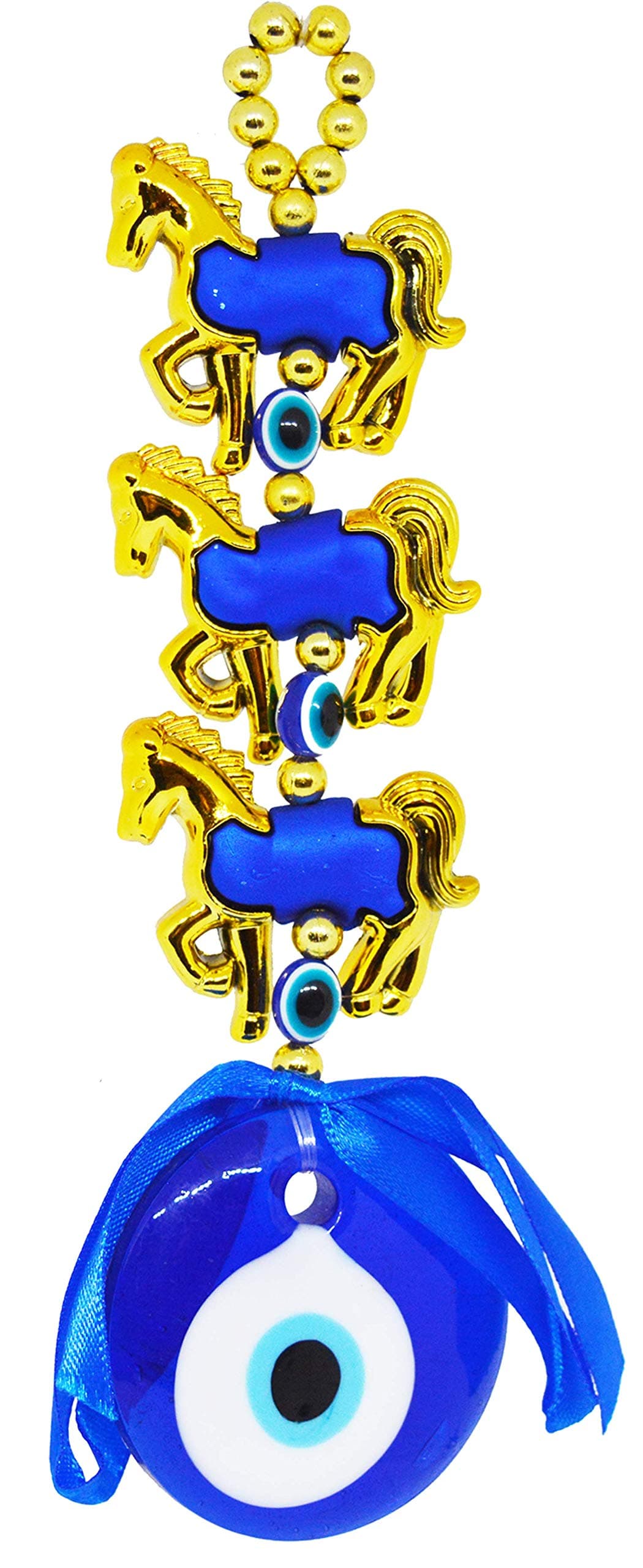 Saubhagya Global Fengshui Set of 1 Blue Three Horse Evil Eye Hanging for Car & Door/Office, Medium Size, Height-17.5cm
