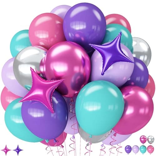 Pink Purple Blue Balloons 62 Pcs 12 Inch Hot Pink Purple Teal Latex Balloons Violet Turquoise Silver Helium Balloon with Star Foil Balloon for Kids Magic Theme Mermaid Cartoon Birthdays Baby Shower