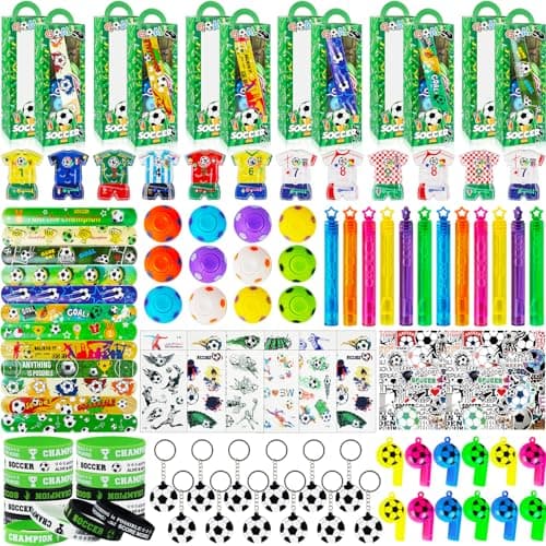 We1stdsee 158Pcs Soccer Party Favors 12 Guests Set Soccer Goodie Bag Stuffers with Rotatable Finger Stress Toys Whistles Bubble Wands Keychain Sticker for Kids Birthday Party Souvenirs Supplies