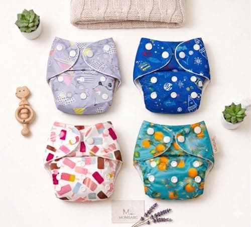 MOMSARC Premium Reusable Cloth Diapers for Baby | Washable Baby Diapers for Newborn | Free Size 3 Months - 3 Years | Leak Proof Cotton Nappy with 4 Quick Dry Pad & 4 Inserts | Rash-Free | Multicolor (Pack of 4)