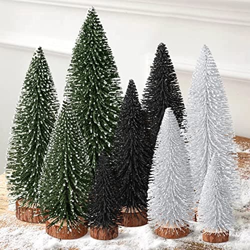 9Pcs Mini Christmas Trees Christmas Decor Artificial Christmas Decorations with 4 Sizes Christmas Tree Bottle Brush Trees Christmas Table Decorations Green Silver Black