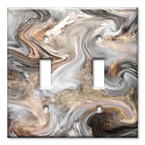 Art Plates - Double Gang Toggle Switch Plate - 2 Gang Light Switch Decorative Metal Wall Plate - Grey and Brown Swirl Marble - Granite Print - (Made in USA)