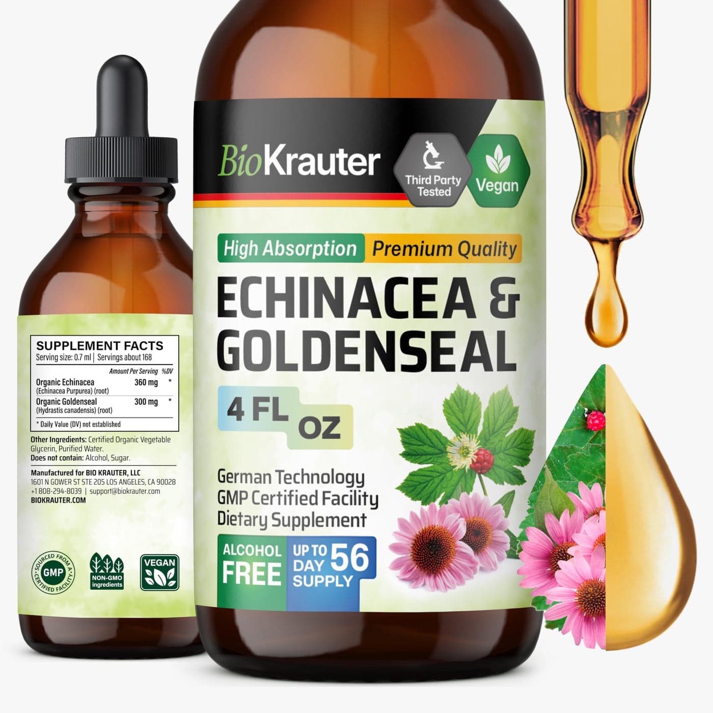 BIO KRAUTER Echinacea and Goldenseal Root Liquid Extract Natural Immune Support Echinacea Drops with Goldenseal Vegan Alcohol Sugar Free Tincture 4 FlOz
