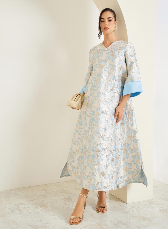 Women Blue Floral Jacquard A-Line Jalabiya
