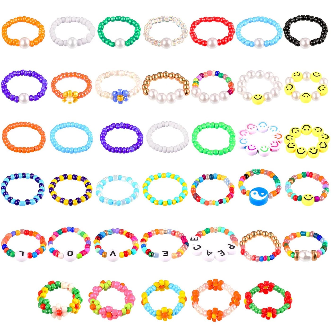 Hicarer 40 Pieces Flower Beads Rings Rainbow Colorful Rice Bead Rings Cute Handmade Smile Beaded Colorful Jewelry for Women