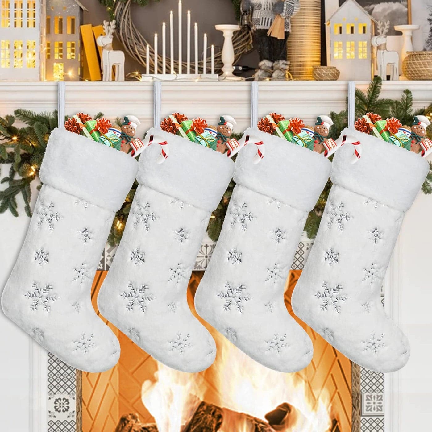 Dremisland 4 Pack Christmas Stockings 20 Inch Cream White Faux Fur Xmas Stockings with Silver Sequin Snowflakes Super Soft Thick Plush Xmas Stockings for Christmas Decoration Holiday Decor Sliver