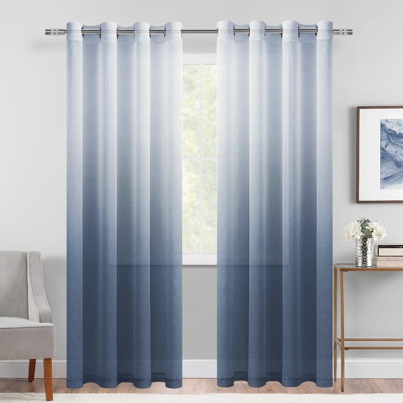 DWCN Faux Linen Ombre Sheer Curtains Gradient Semi Voile Grommet Top Window Curtains for Bedroom and Living Room Set of 2 Panels 52 x 84 Inches Long Denim Blue