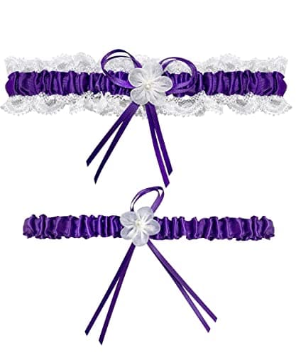 RIMOBUL 2 Pieces Wedding Garters Lace Bridal Garter Faux Pearls Garter for Bride with Toss Away (Purple)