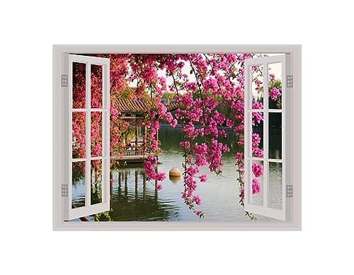 DreamKraft Pink Flower Window Illusion Self Adhesive Wall Sticker (PVC Vinyl, 61Cm X 46 Cm) _PCWI98