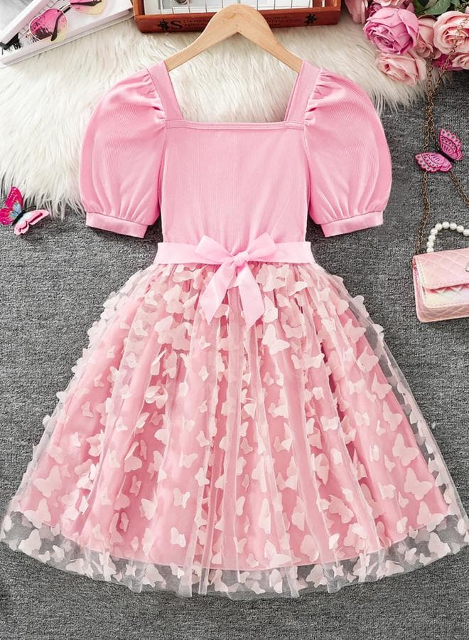 Girls Pink Puff Sleeve Butterfly Embellished Dress