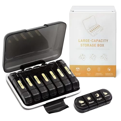 OCEANEVO 4 Times a Day, Weekly Medicine Storage Organizer box for Home and Travel, 7 days Pill Organizer Box for Vitamins, Tablet & Supplements - Black - 4 Compartments - 1 Year Warranty