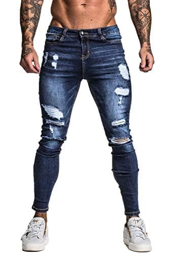 GINGTTO Men's Ripped Jeans Slim Fit Skinny Stretch Jeans Pants (36, Navy Blue Ripped)