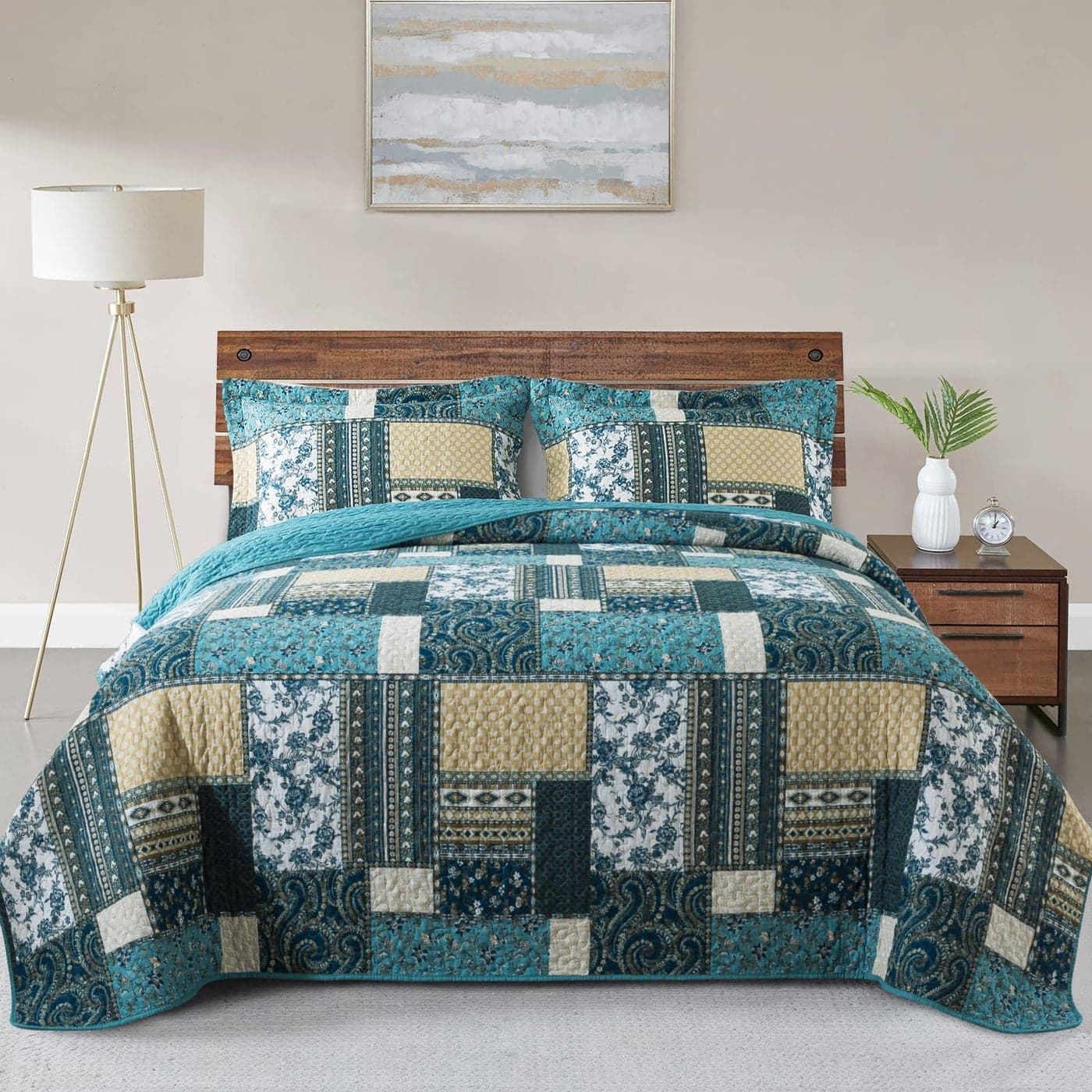VAPUTAR Quilts King Size Soft King Quilt Bedding Set with Floral Pattren 3 Pieces Patchwork Cotton King Bedspreads Set for Farmhouse Bedroom Dream Blue