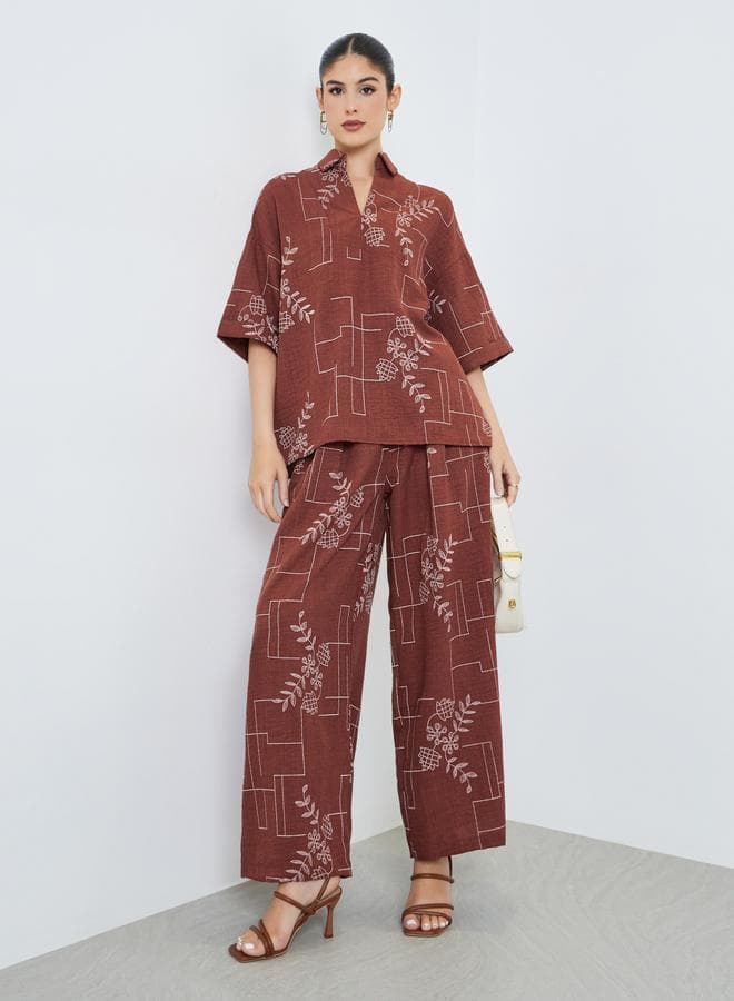 Rust Floral Print Open Collar Top and Pants Modest Set