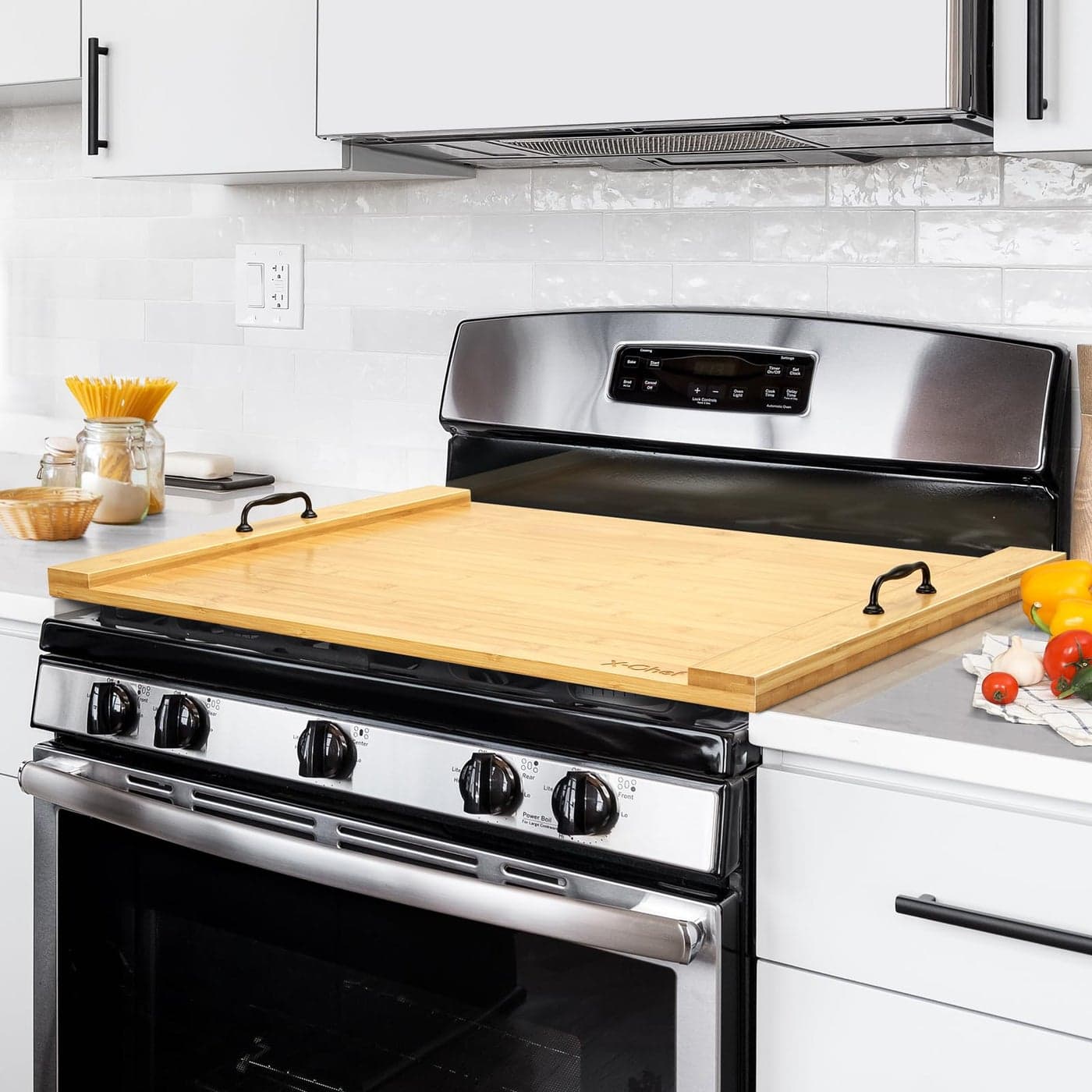Noodle Board Stove Cover XChef 30 x 22 Bamboo Cutting Board Stove Top Cover with Handles for Electric Stovetop Gas Burners Sink Cover RV Wooden