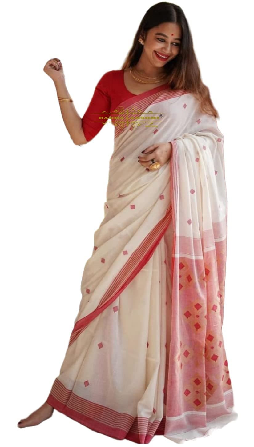 RADHA LAKSHMI Women's Banarasi linen cotton Silk White Red Colour Saree With Blouse piece(AG White red plain linen SQURE)