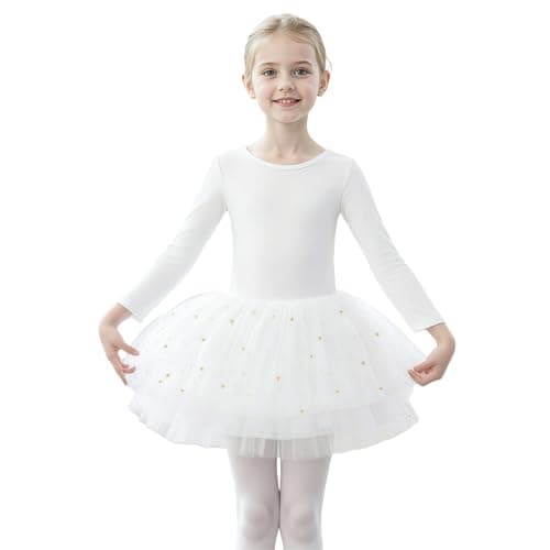 KAQININI Toddler Girls Ballet Leotard Long Sleeve Tutu Dress with Shiny Skirt Kids Ballerina Dance Outfits (White, 8Y)