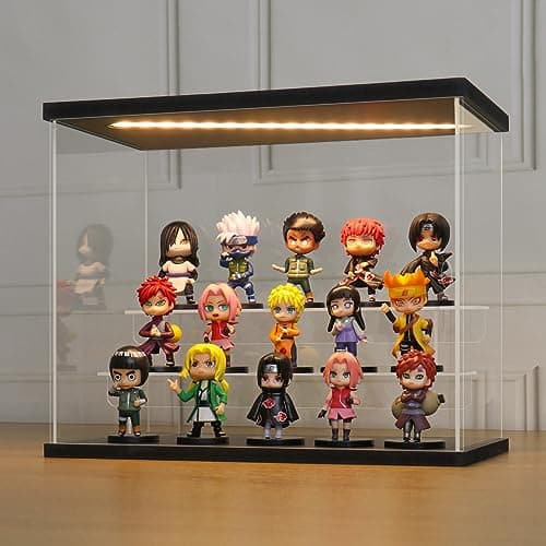 LANSCOERY LED Lighted Acrylic Display Case, 3 Tier Display Box for Collectibles and Action Figures, Clear Dustproof Organizer with Black Base – 11.8x6.3x9.4inch