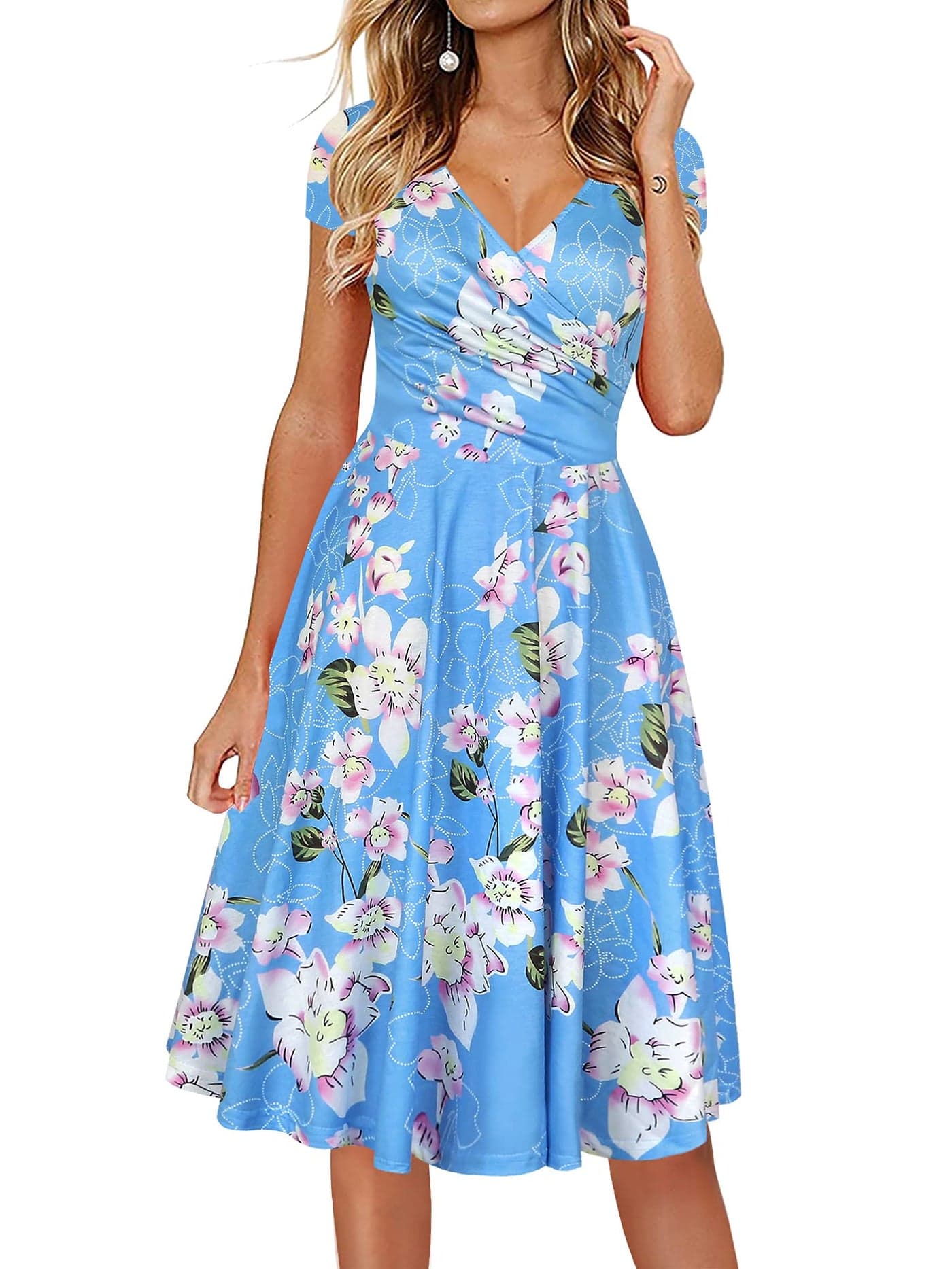 oxiuly Women's Casual Tea Dress V-Neck Floral Flare A Line Party Cocktail Dresses OX233 (L, Sky-Blue F, l)