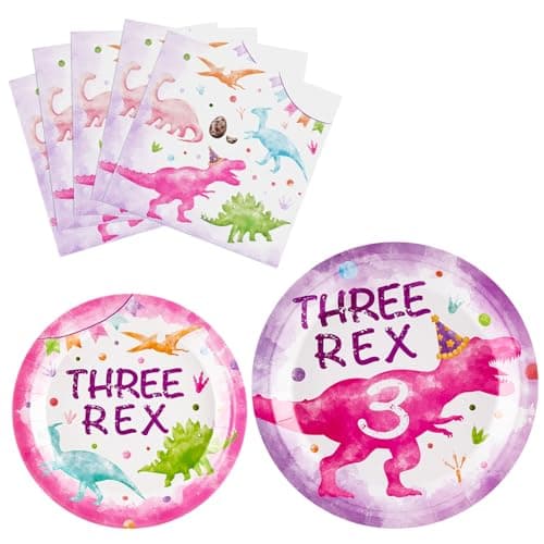WERNNSAI Three Rex Birthday Decorations 48 PCS 3rd Plates and Napkins Pink Dinosaur Birthday Decorations Dino Party Supplies Dinosaur Party Favors for Girls Serves 16 Guests
