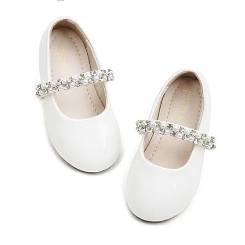 PHIRAMIN Toddler Flower Girl White Dress Shoes - Little Girl Ballet Flats Size 5 Sparkly Pearl Wedding