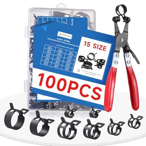 100Pcs Spring Band Hose Clamps Assortment 6-25mm with Swivel Flat Hose Clamp Plier – Carbon Steel Constant Tension Clamps for Auto, Fuel Line, Plumbing & DIY