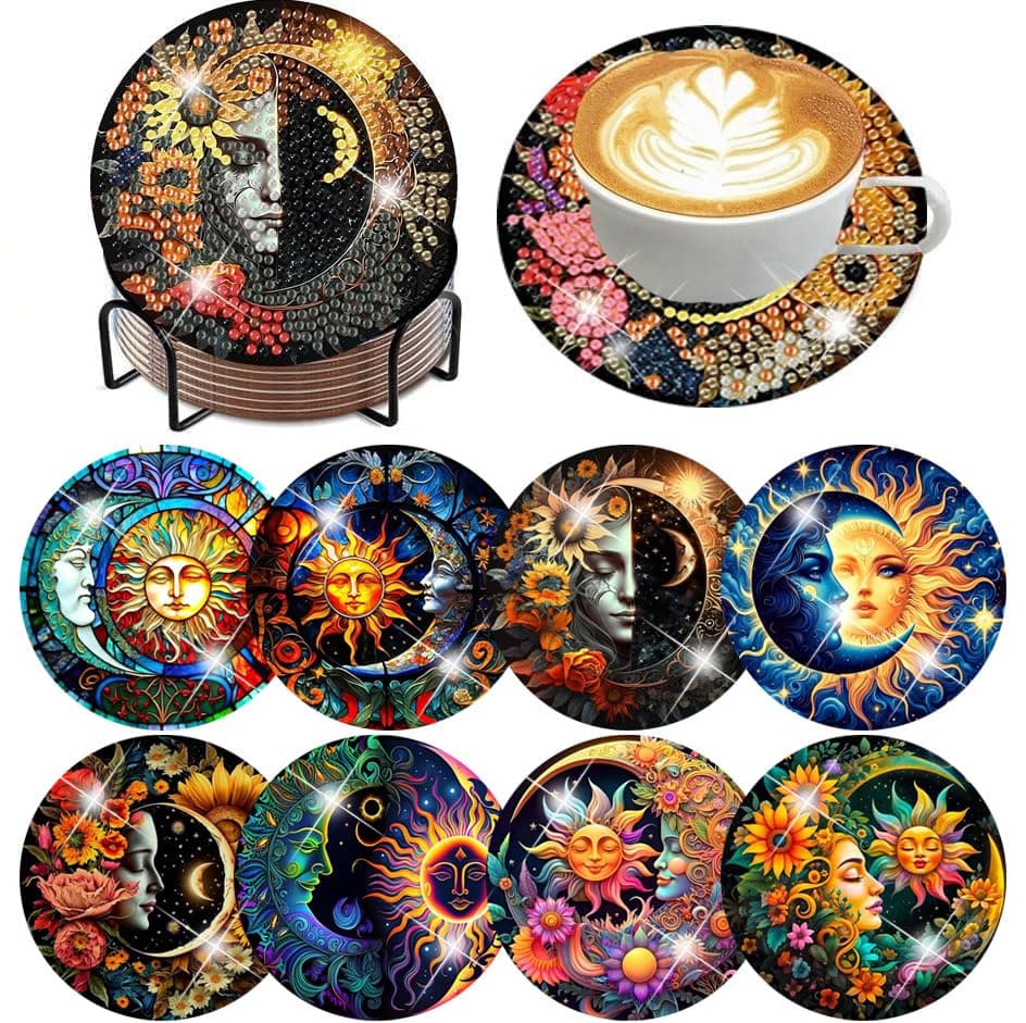 ijbnhd 8 Pcs Sun Moon Diamond Art Coasters with HolderDIY Sun Moon Diamond Painting Coasters 5D Art Coaster with Cork Pads for Adults for Holiday Gift