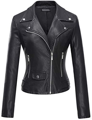 Tanming Women's Faux Leather Moto Biker Short Coat Jacket (Black-S)