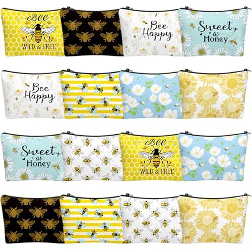 Bulyoou 16 Pcs Funny Bee Makeup Bags Travel Pouch Honey Inspirational Cosmetic Bags with Zipper Toiletry Bag Purse Bulk Bee Gifts for Women Birthday Gifts