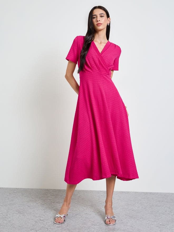 Styli Pink Textured V Neck A-Line Midi Dress