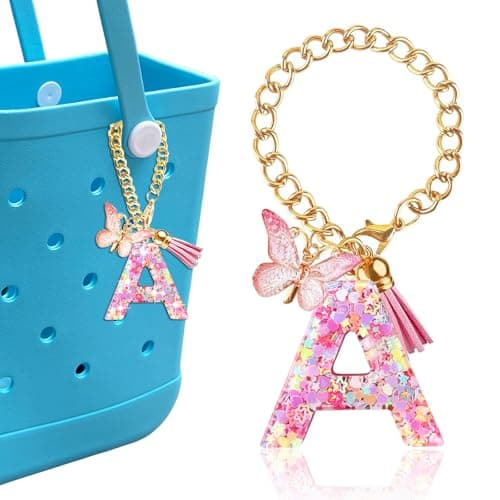 HLUWA Letter Keychains Charms for Bogg Bag, Alphabet Pink Sequin Decorative Letter Accessories Charms for Simply Southern Bag. (A)