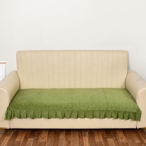 Yellow Weaves Quilted Velvet 3 Seater Sofa Cover Protector with Frill, Anti-Slip Sofa Cover Seat Mat (68 x 26 Inch), Parrot Green