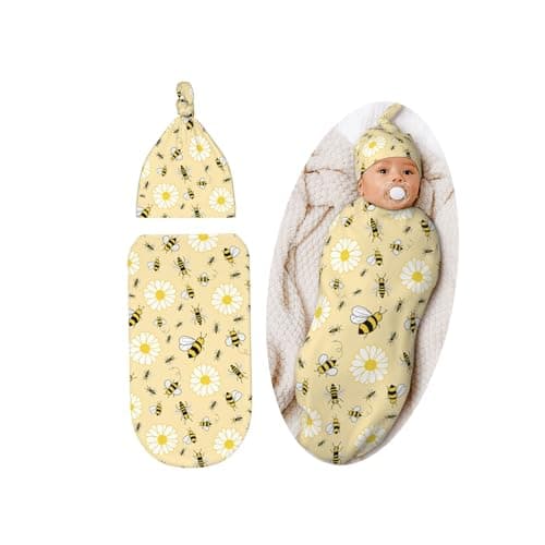 Lcokin Cute Bee Baby Stuff Swaddle Blanket with Beanie Hat for Boys and Girls Newborn Receiving Blanket Shower Gift
