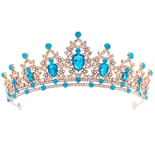 FORSEVEN Crystal Tiaras for Women, Wedding Tiaras and Crowns for Women Tiara for Girls Birthday Party Princess Crown Hair Accessories Bride Rhinestone Headbands (Gold+Lake Blue)