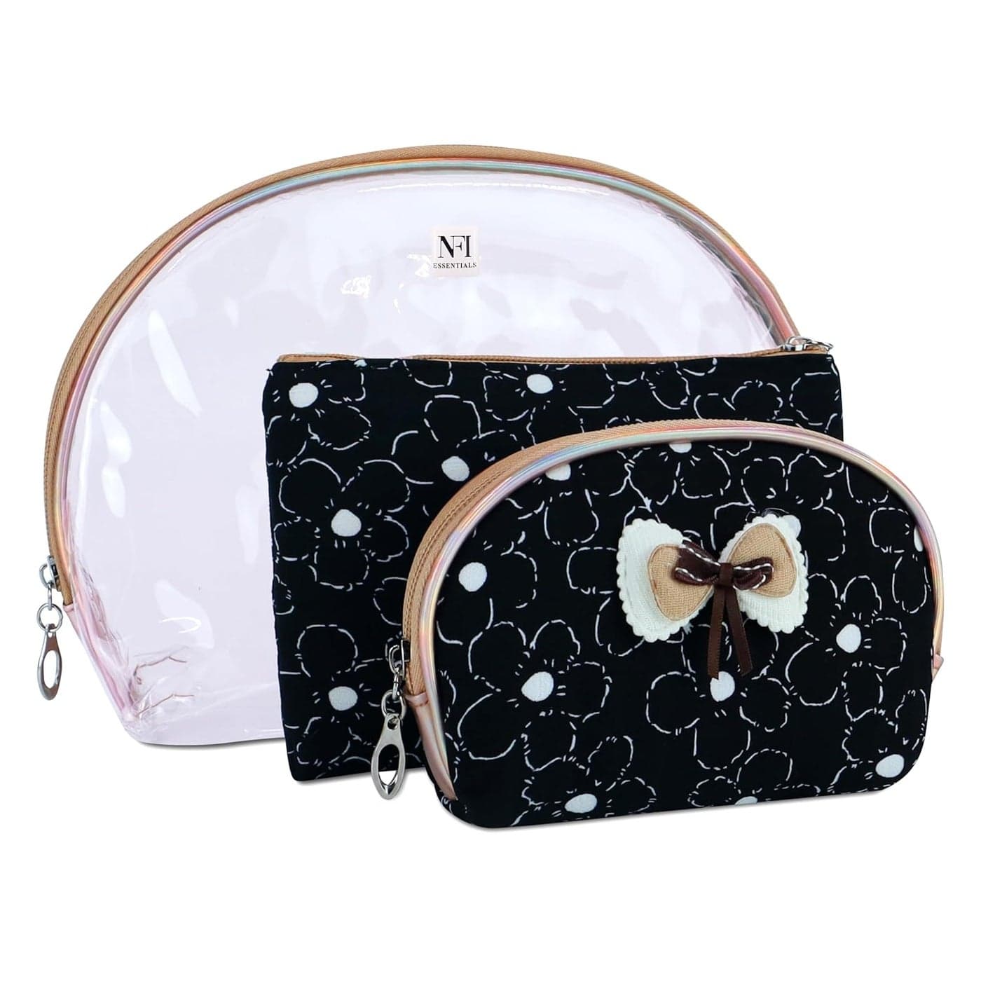 NFI essentials 3 Pcs Cosmetic Pouch Makeup Pouch SemiCircle Vanity Bag Travel Organizer Toiletry Pouch for Women Zippered Pouch Set Large Medium Small