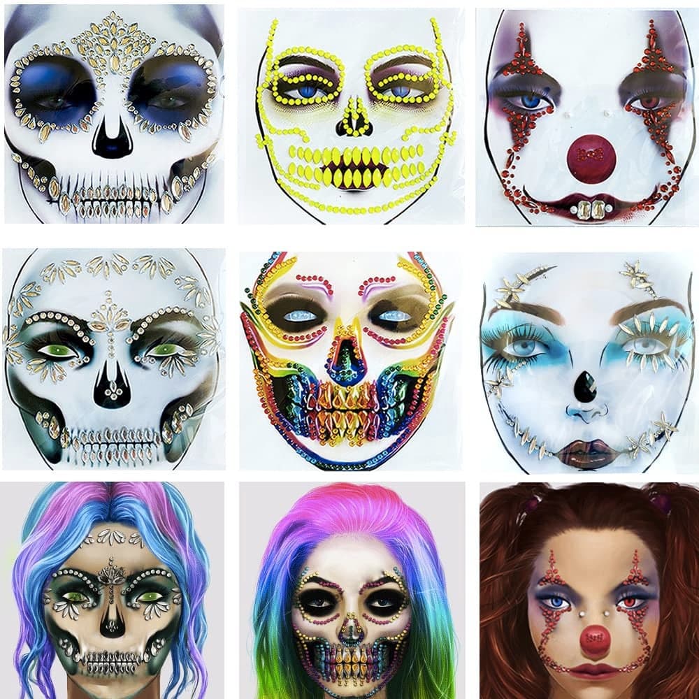 Day of the Death Face Tattoo Sticker Clown Face Jewels Tattoo Face Tattoos for Women6Pack