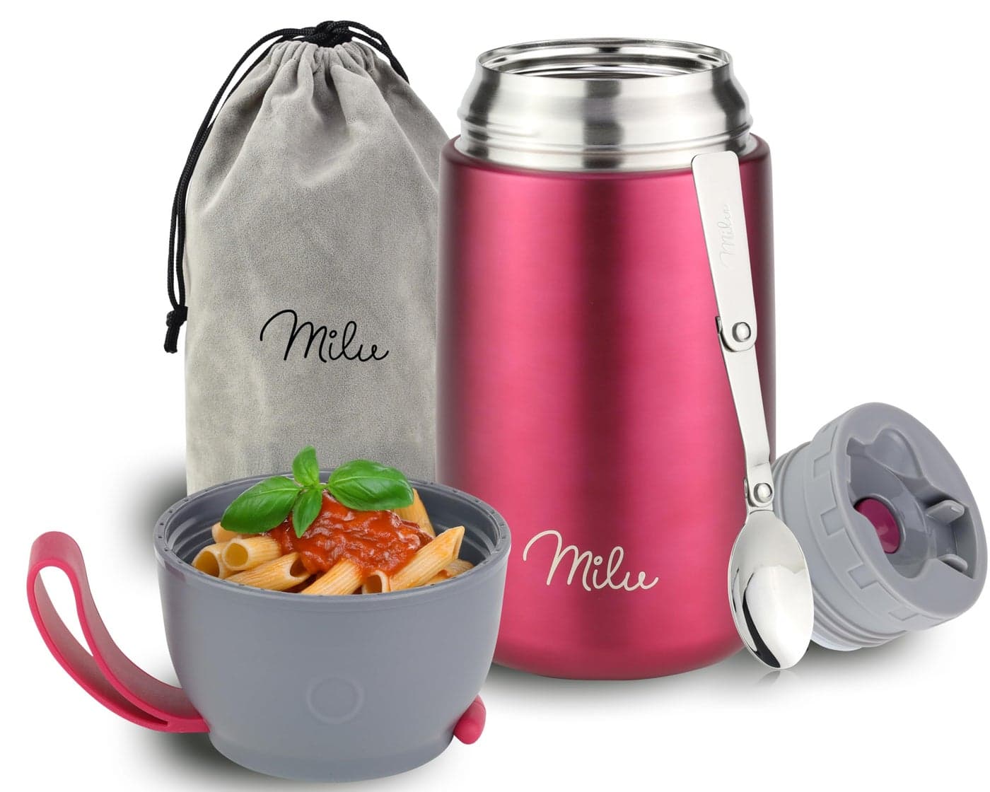 Milu Food Flask for Hot Food 800ml Leakproof Insulated Stainless Steel Thermal Lunch Box Soup Container with Spoon BPAFree to go Meal Prep Porridge Berry 800ml
