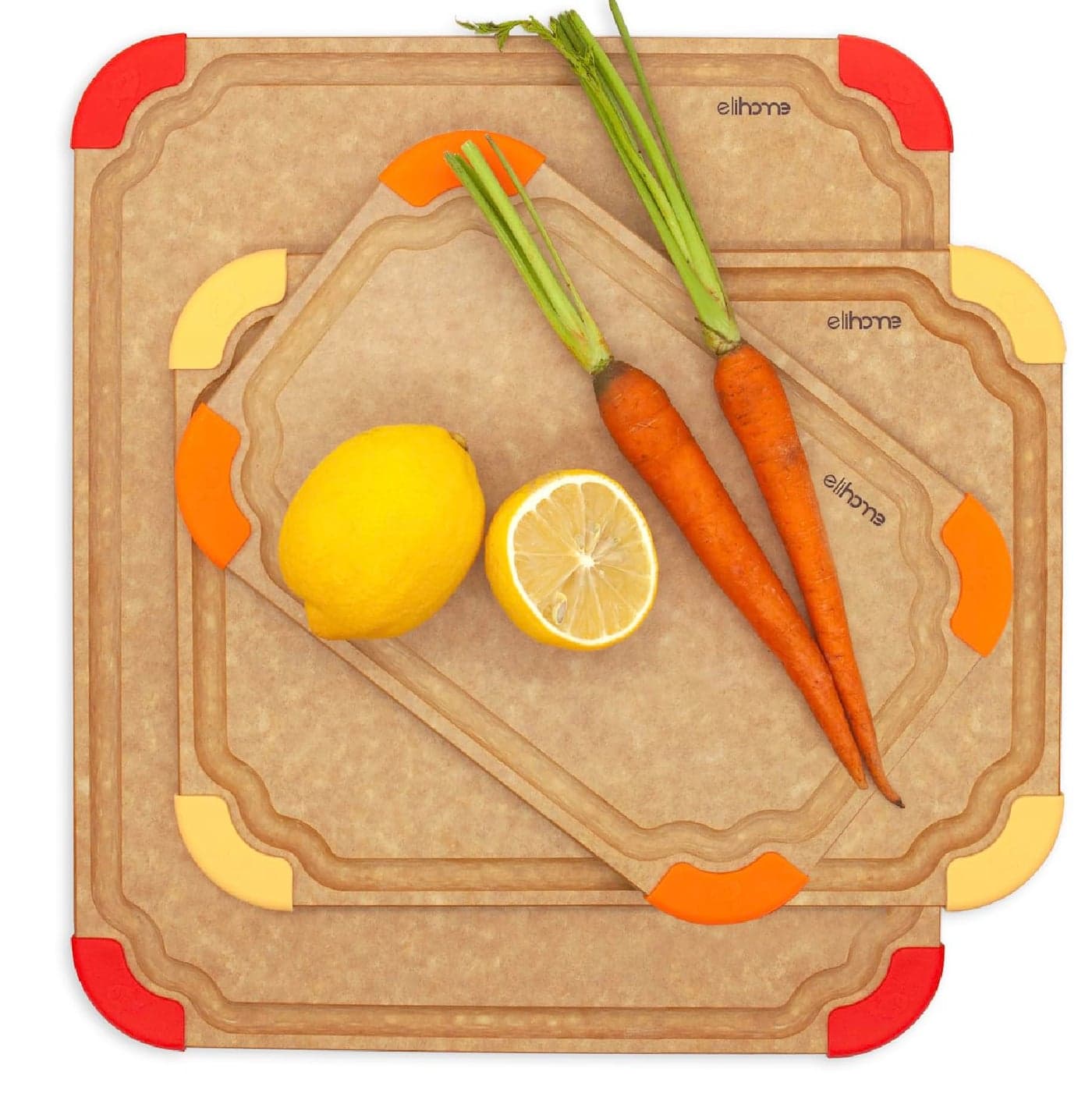 Elihome Premium Series 3in1 Kitchen Cutting Board Set Non Slip Feet Color Coded with Food Icon Natural Wood Fiber Dishwasher Safe EcoFriendly Juice GroovesNon Porous BPA Free Made in USA
